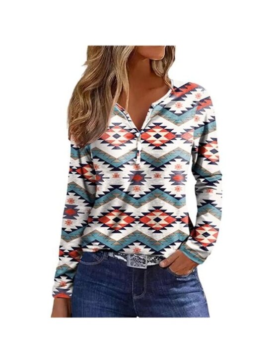 Tops - Womens Long Sleeve T Shirts Aztec Cow Print Western Henley Tops